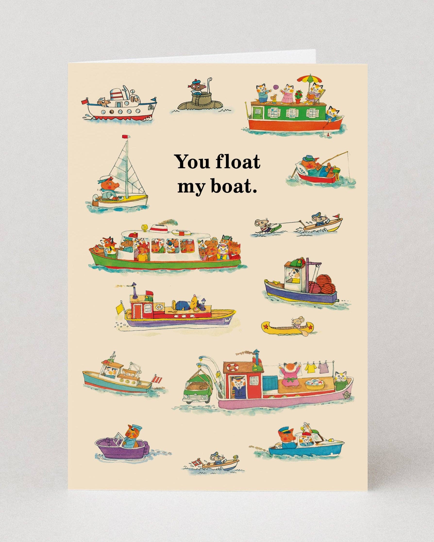 Card with Richard Scarry illustrations of boats and the text 'You float my boat.' on a beige background