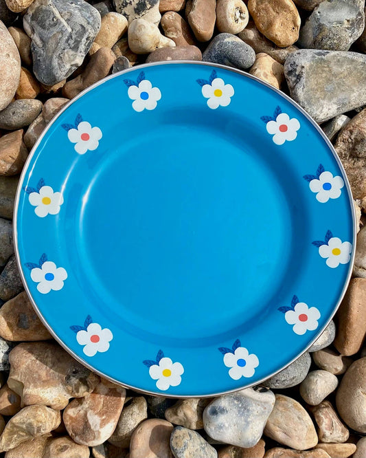Floral Blue Enamelware Plate